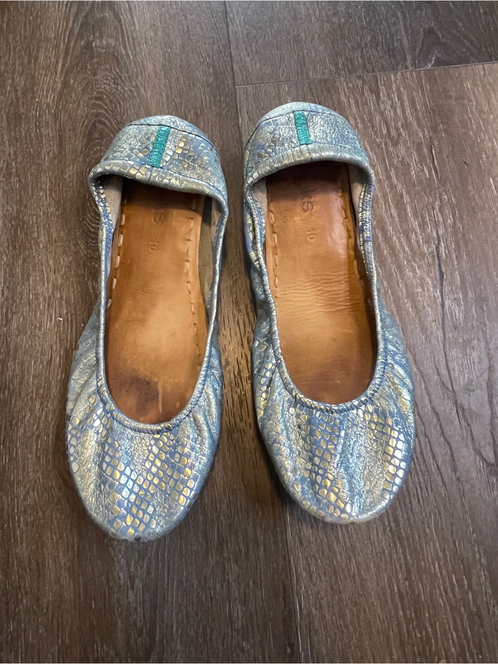 Tieks by Gavrieli Metallic Blue Snake-Print Flats with Gold Accents 10